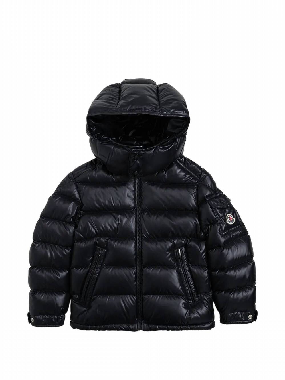 NEW MONCLER kid's quilted logo puffer hooded jacket in black